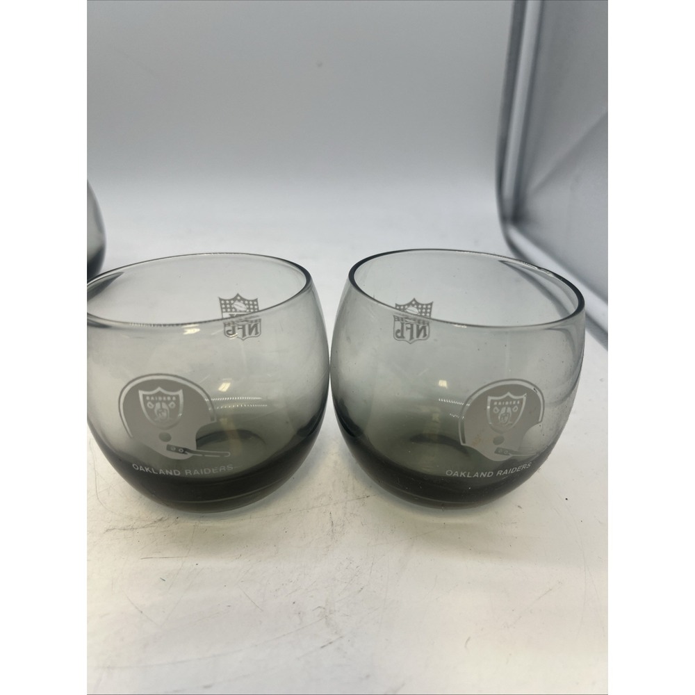 Set of 2 Oakland Raiders Smoked Glass Tumblers Vintage barware 1970s NFL round